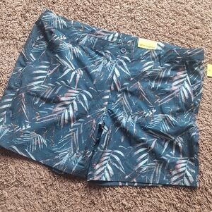 Tropical Leaf Print Swim Trunks - Teal with Pink & White Accents